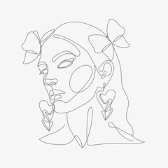 Woman head with butterfly composition. Hand-drawn vector line-art illustration. One Line style drawing.