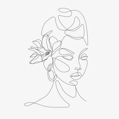 Woman head with flowers composition. Hand-drawn vector line-art illustration. One Line style drawing.