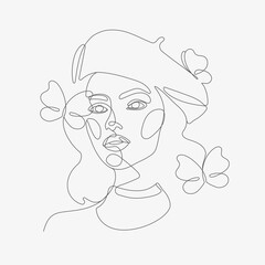 Woman head with butterfly composition. Hand-drawn vector line-art illustration. One Line style drawing.
