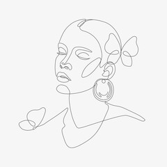 Woman head with butterfly composition. Hand-drawn vector line-art illustration. One Line style drawing.