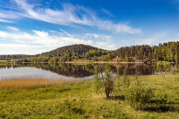 beautiful panorama of a rural landscape with a lake illuminated by the sun. summer panoramic view with bright green grass. landscape, lake in front of the forest.