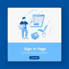 Login page for personal web account. Man enters password into online application. Digital payment by credit card for purchases. Data protection website. Vector landing page flat line template
