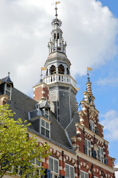 Close-up on the top of the Stadhuis (Town Hall) of Franeker, Friesland, Netherlands, located on Raadhuisplein street