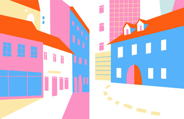 Urban landscape drawing vector.  Abstract architecture background geometric style. Cartoon vector buildings illustration.Trendy homes with windows, roof. Two banner. Colored flat vector illustration.