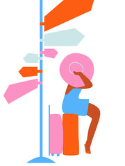 Anticipating flight. Travel vector illustration. A woman in a hat, sitting with a suitcase under a pointer. Cartoon flat poster. 