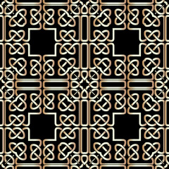 Gold celtic seamless pattern. Vector ornamental intricate background. Repeat Deco backdrop. Golden plexus vintage ornaments. Modern decorative ethnic gothic style design. For wallpapers, prints