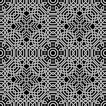 Celtic seamless pattern. Ornamental intricate background. Repeat Deco backdrop. Black and white vintage plexus ornaments. Floral decorative ethnic gothic style design. Template. Vector illustration