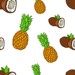 Vector Coconut and Pineapple Seamless Pattern, Colorful Background Template, Pina Colada Flavour Concept. 