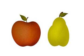 One ripe dark red apple and green pear with green leaves