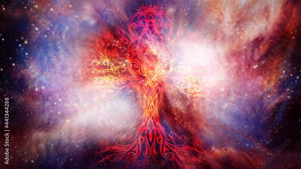Poster tree of life symbol on structured and space background, yggdrasil.