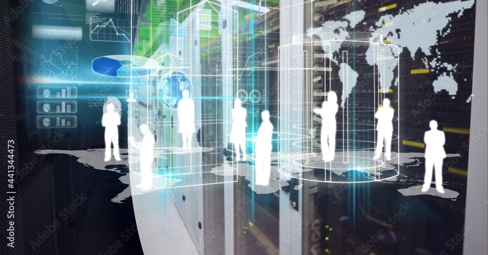 Aufkleber digital interface with data processing against businesspeople icons over world map
