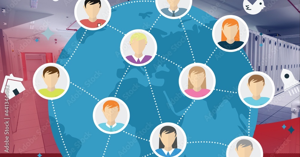 Poster network of profile icons over globe and server room against red technology background
