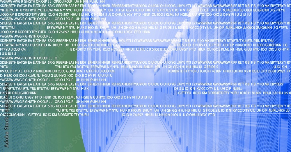 Poster data processing against empty computer server room against green technology background