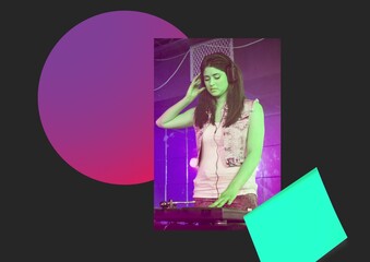 Female dj on colorful gradient abstract shapes against black background