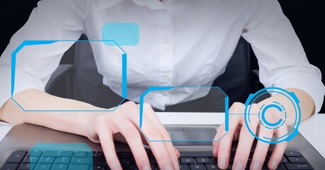 Multiple round scanners against mid section of woman using computer against black background