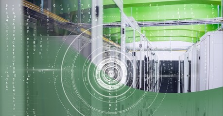 Round scanner and data processing over computer server room against green technology background