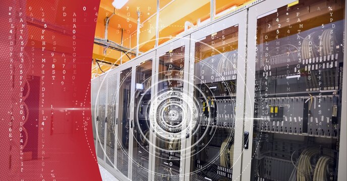 Round scanner and data processing over computer server room against red technology background