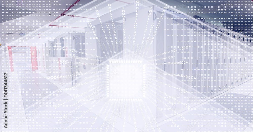 Poster binary coding data processing over empty computer server room against white technology background