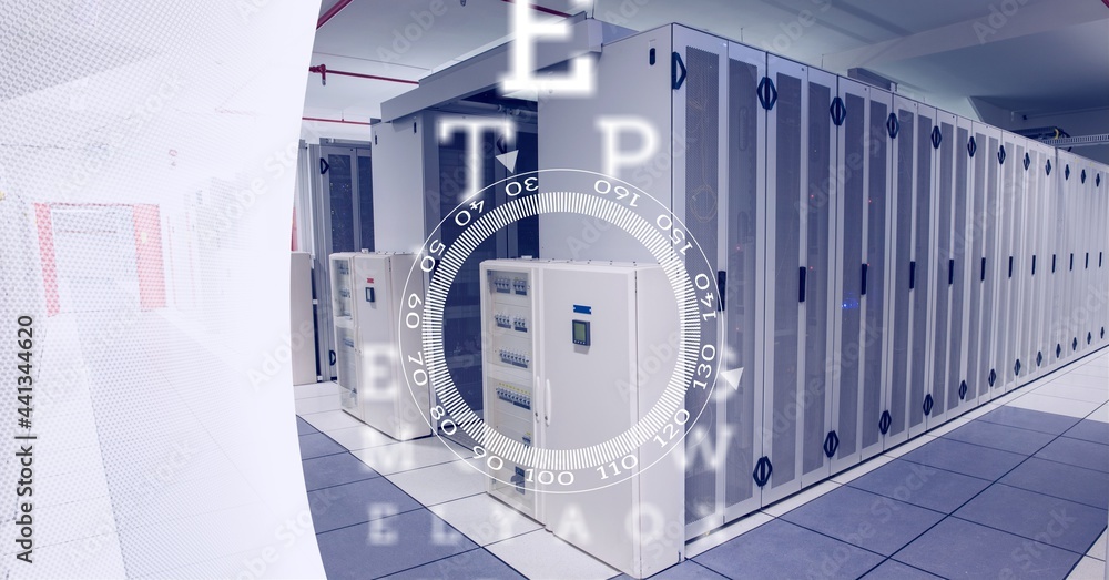 Poster alphabets and round scanners over empty computer server room against white technology background
