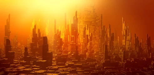 Gardinen Futuristische Architektur-Rendering. Science-Fiction-Stadtbild in Sonnenuntergangsfarben. 3D-Rendering © CROCOTHERY