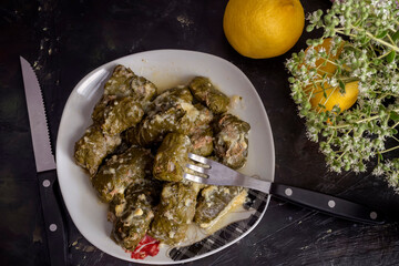 Dolmas in egg-lemon sauce (Greek cuisine)