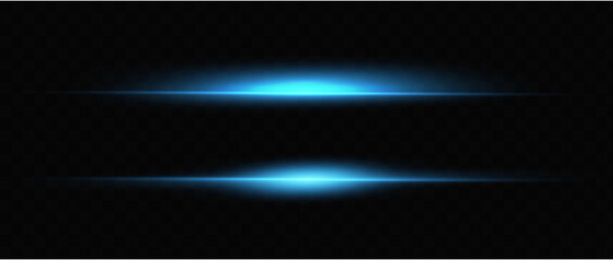 Blue horizontal lens flares pack. Laser beams, horizontal light rays. Beautiful light flares. Glowing streaks on dark background.