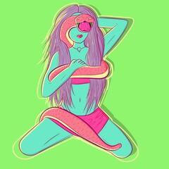 Conceptual art of the lust from the Seven Deadly sins. Woman and a snake from the original bible story Adam and Eve with the forbidden fruit. Young seductive woman  and a biblical demon.