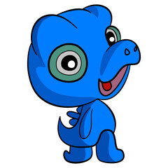 A cute small blue dinosaur is smiling on a white background.
