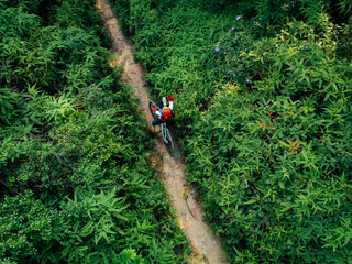 Cross country biking woman cyclist drinking water on tropical forest trail