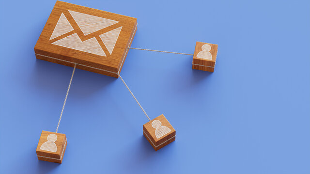 Email Technology Concept with Envelope Symbol on a Wooden Block. User Network Connections are Represented with White string. Blue background. 3D Render.