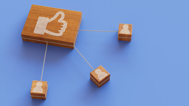 Social Media Technology Concept with like Symbol on a Wooden Block. User Network Connections are Represented with White string. Blue background. 3D Render.