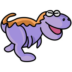 A cute small purple dinosaur is smiling on a white background.