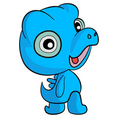 A cute small blue dinosaur is smiling on a white background.