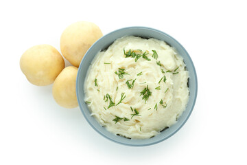 Bowl of mashed potatoes isolated on white background