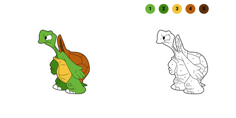 Coloring book for kids. Cartoon character. Turtle shrugs. Black contour silhouette. Isolated on white background. Animal theme.