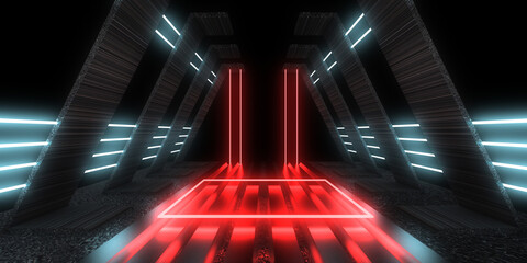 3D abstract background with neon lights. neon tunnel .space construction . .3d illustration - obrazy, fototapety, plakaty