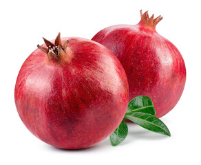 Pomegranate isolated. Two whole pomegranates with leaves on white background. Full depth of field.