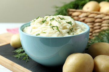Tasty fresh mashed potatoes puree, close up