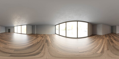 full 360 degree panorama of modern loft studio with wooden floor dark walls and big windows 3d render illustration modern architecture design hdri hdr vr style