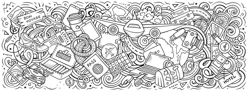 Traveling hand drawn cartoon doodles illustration.
