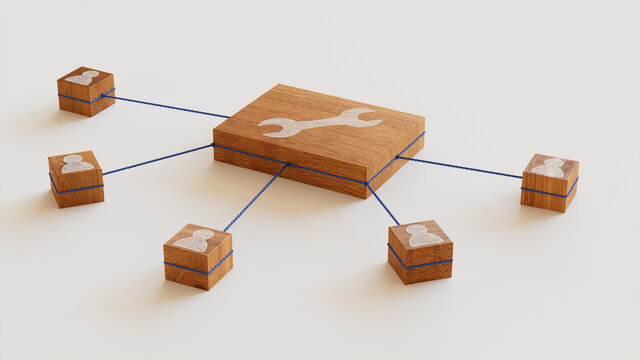 Configure Technology Concept with tool Symbol on a Wooden Block. User Network Connections are Represented with Blue string. White background. 3D Render.