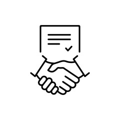 Business handshake teamwork linear concept. Contract line icon. Financial deal pictogram. Agreement signing symbol. Vector isolated on white.