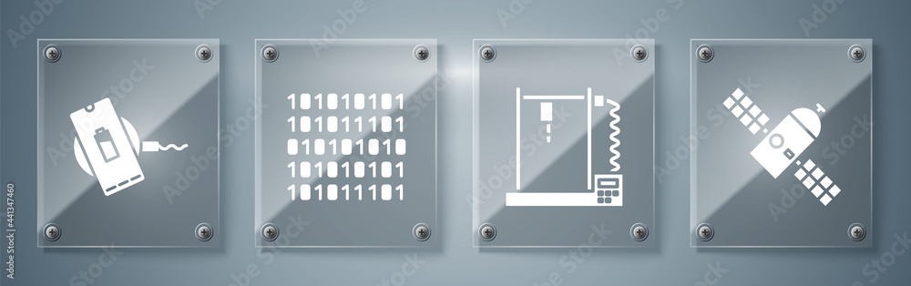 Sticker Set Satellite, 3D printer, Binary code and Wireless charger. Square glass panels. Vector