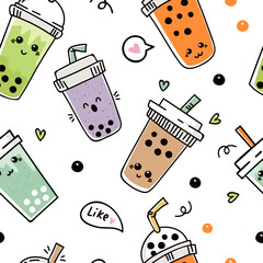 Seamless pattern with cute bubble tea or pearl tea