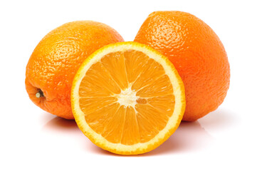 Whole orange fruit and his segments or cantles isolated on white background cutout