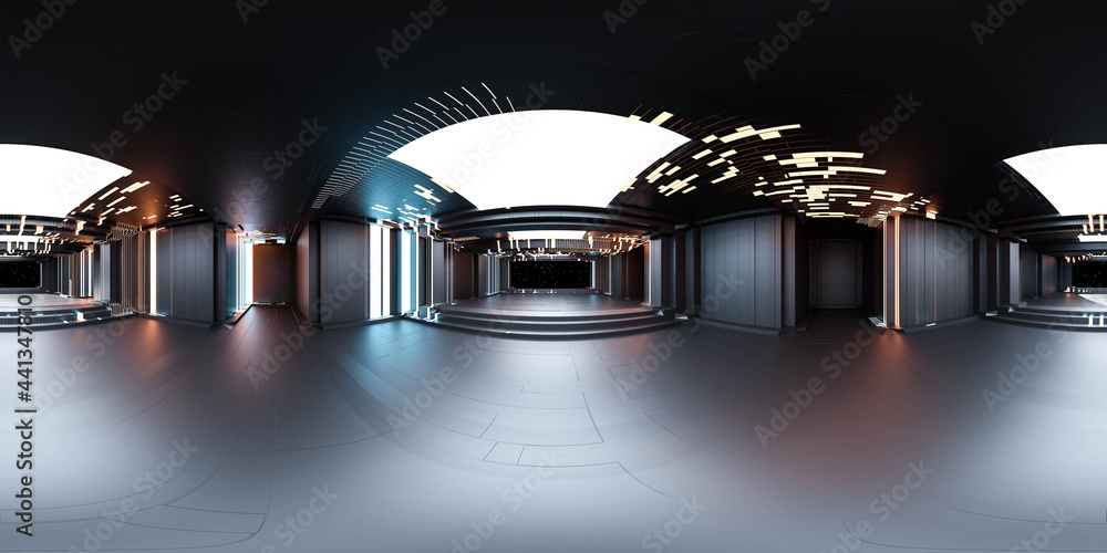 Poster full 360 equirectangular spherical panorama view of dark modern futuristic technology building archi