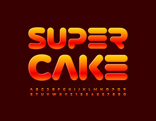 Vector bright Emblem Super Cake. Orange Glossy Font. Modern Alphabet Letters and Numbers set