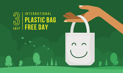 International plastic bag free day - hand hold white fabric bag with drawing line smile sign vector design