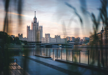 Kotelnicheskaya Embankment Building and Moscow river in Moscow, Russia, cityscape and landmark of Moscow.