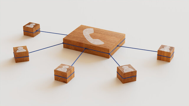 Communication Technology Concept with phone Symbol on a Wooden Block. User Network Connections are Represented with Blue string. White background. 3D Render.